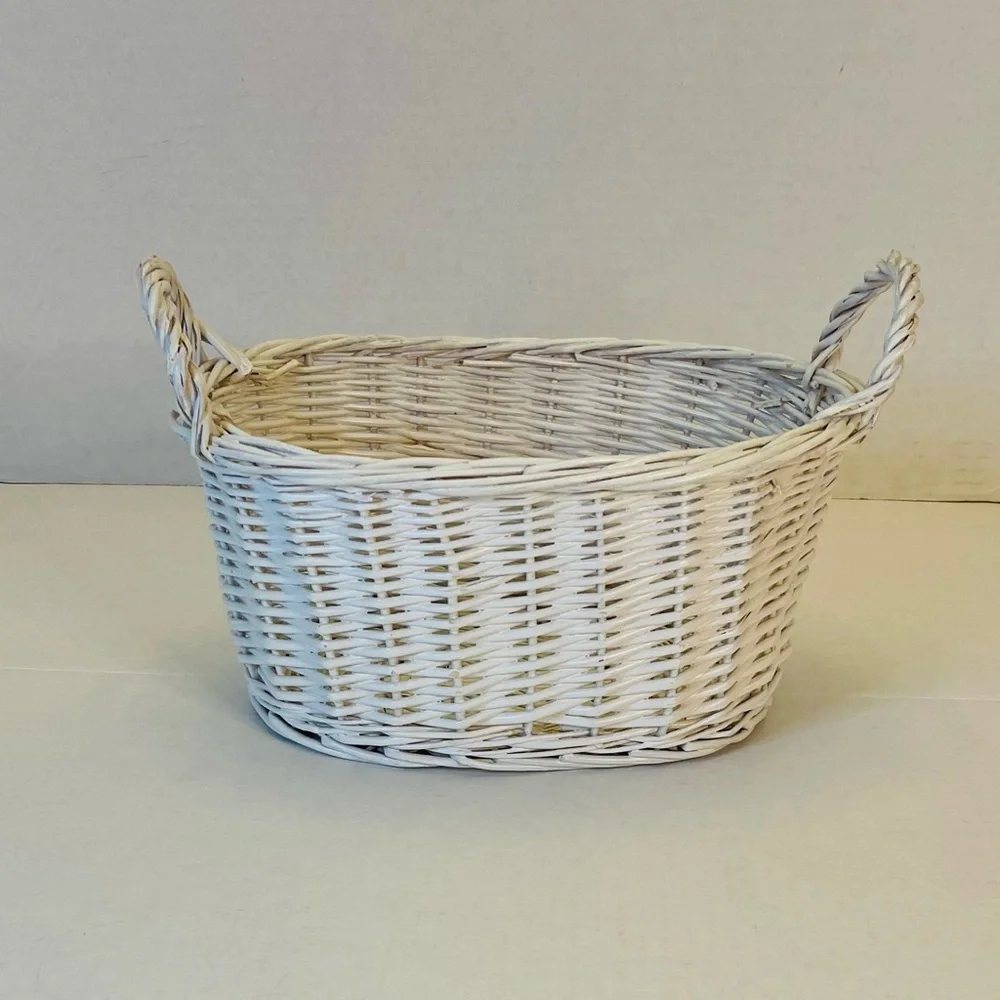 White Wicker Basket with Removable Green Cloth Snowflake Trimmed Lining